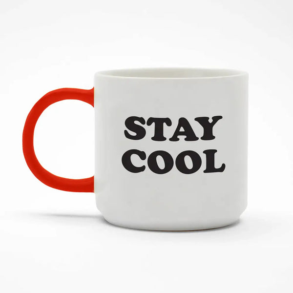 white ceramic mug with STAY COOL slogan, with red handle