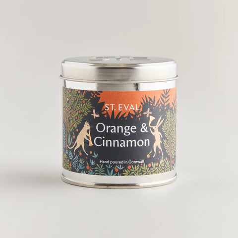 Orange & Cinnamon scented candle in a silver tin with christmas design label